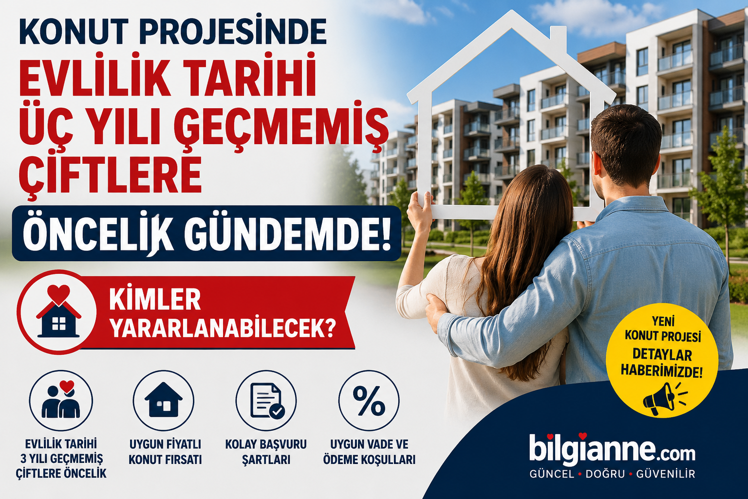Konut Projesinde  Evlilk Tarihi Üç Yılı Geçmemiş Çiftlere Öncelik Gündemde! Kimler Yararlanabilecek?