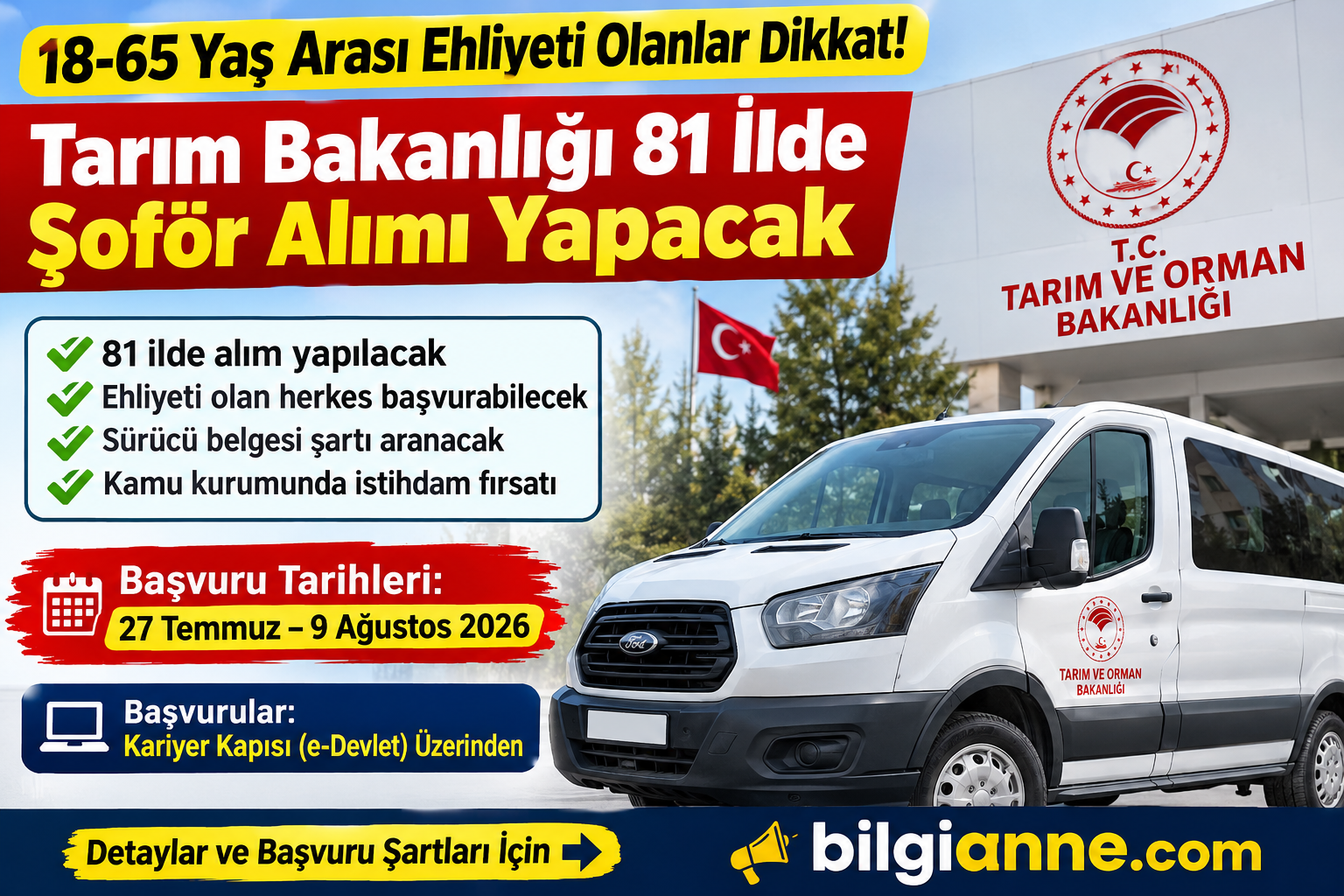 18-65 Yaş Arası Ehliyeti Olanlar Dikkat! Tarım Bakanlığı 81 İlde Şoför Alımı Yapacak