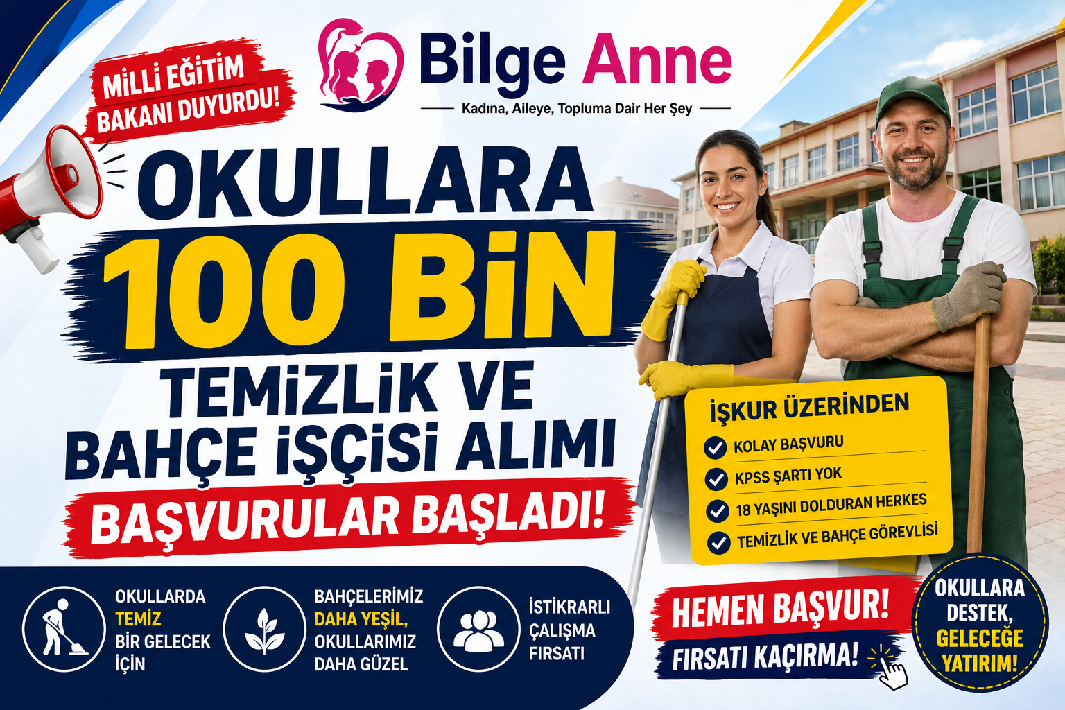 Okullara 100 Bin Yeni İş Fırsatı! İŞKUR Temizlik ve Bahçe Görevlisi Alımı Başvuru Şartları